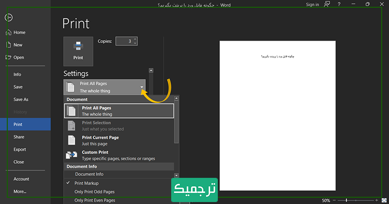 برای چاپ صفحات مشخص در ورد باید صفحات موردنظر را وارد کنید.