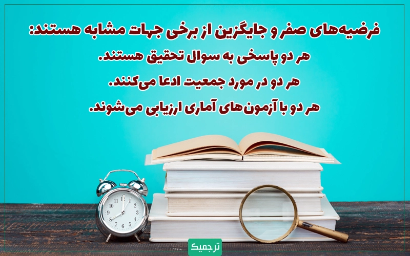 فرضیه‌ صفر (null hypothesis) و فرضیه جایگزین (alternative hypothesis) دو ادعای رقیب هم هستند که محققان با استفاده از یک آزمون آماری شواهد موافق و مخالف را ارزیابی می‌کنند.