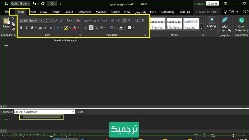 بیشتر گزینه‌های بخش Home برای تنظیم و تغییر خط پاورقی قابل‌اجرا است.
