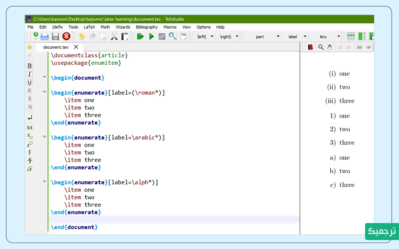 در لیست‌های شمارشی، می‌توان از ترتیب‌های عددی، الفبایی و اعداد یونانی استفاده کرد. 