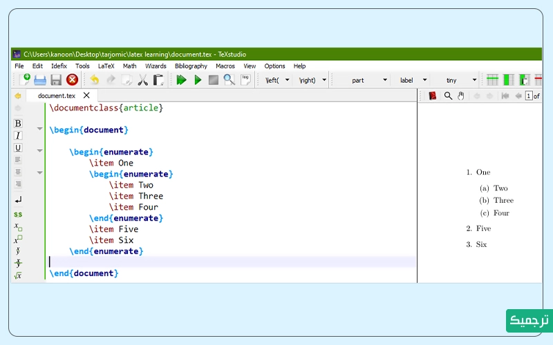 نمونه‌ای از ایجاد لیست‌های تودرتو در لتک
