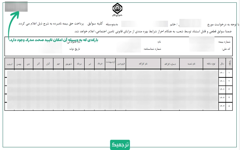 فایل PDF سابقه بیمه شما تقریبا باید شبیه تصویری باشد که مشاهده میکنید.