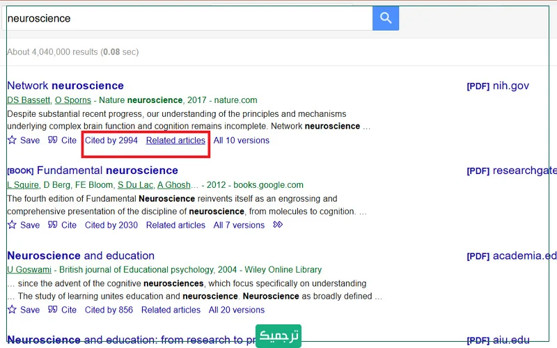در هنگام بررسی نتایج به دو گزینه Cited By و Related Articles دقت کنید.