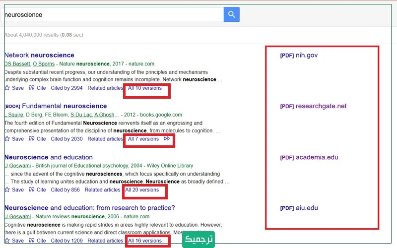 هنگامی که کلمه کلیدی یا عبارتی را سرچ میکنید، روبهروی بعضی نتایج PDF آورده شده است. در این حالت شما میتوانید به طور رایگان این منابع را دانلود کنید.