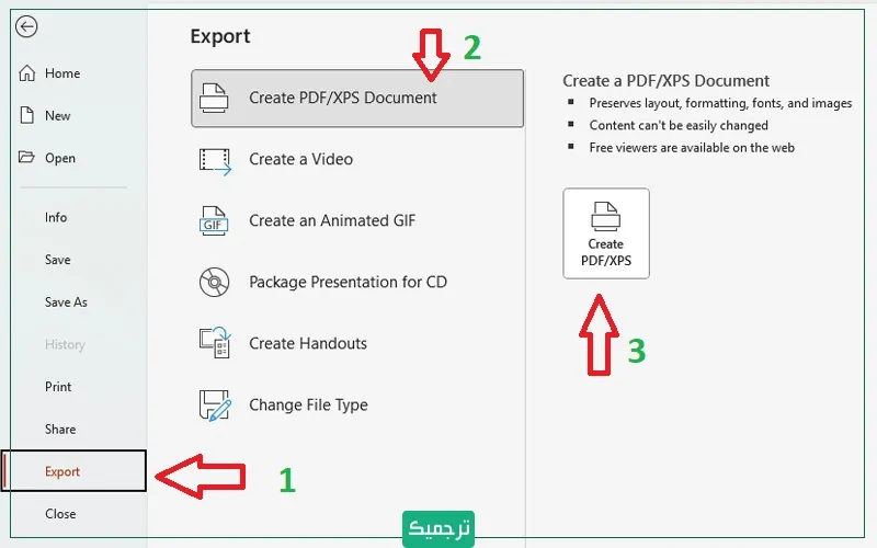 برای ذخیره فایل پاورپوینت در قالب PDF کافی است روی قسمت File کلیک کنید. سپس با انتخاب Export، به گزینه Create PDF دسترسی دارید.