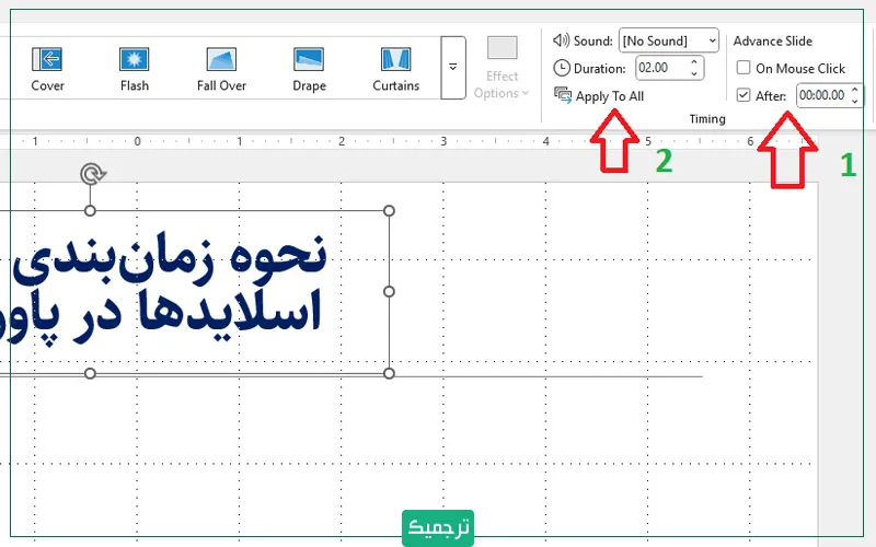 در قسمت Advance Slide، بخشی برای زمان‌بندی وجود دارد. 