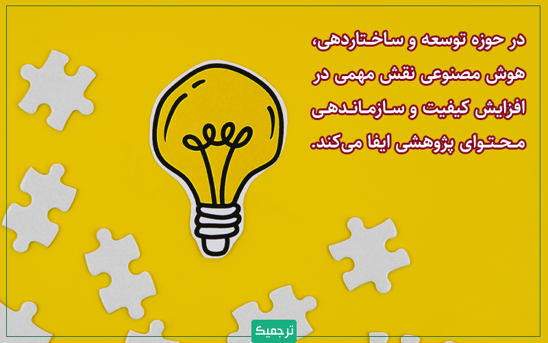 در حوزه توسعه و ساختاردهی محتوا، هوش مصنوعی نقش مهمی در افزایش کیفیت و سازماندهی محتوای پژوهشی ایفا می‌کند.