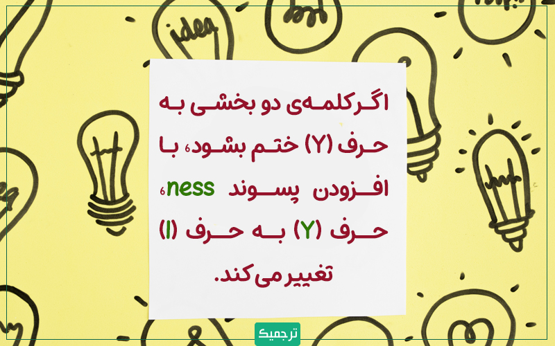 اگر کلمه‌ی دو بخشی به حرف (Y) ختم بشود، با اضافه‌کردن پسوند ness، حرف (Y) به حرف (I) تغییر می‌کند. 